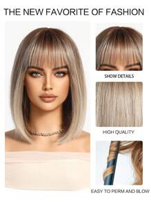 14-Inch Brown Ombre Straight Bangs Short Bob Straight Synthetic Hair Replacement Wig For Women's Daily Party - 漸層 - 查看 5