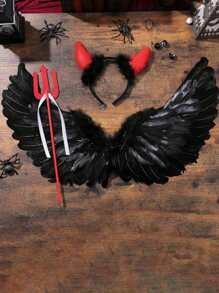 Three Pieces Feather Set Angel Wings Prop Adult Devil Wings Black Feathers - Black - View 3