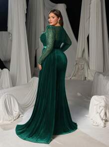 Faeriesty 加上华丽的透明袖子垂坠侧美人鱼下摆天鹅绒正式派对礼服、婚礼宾客礼服、晚礼服、长袍 - 墨綠色 - 查看 3