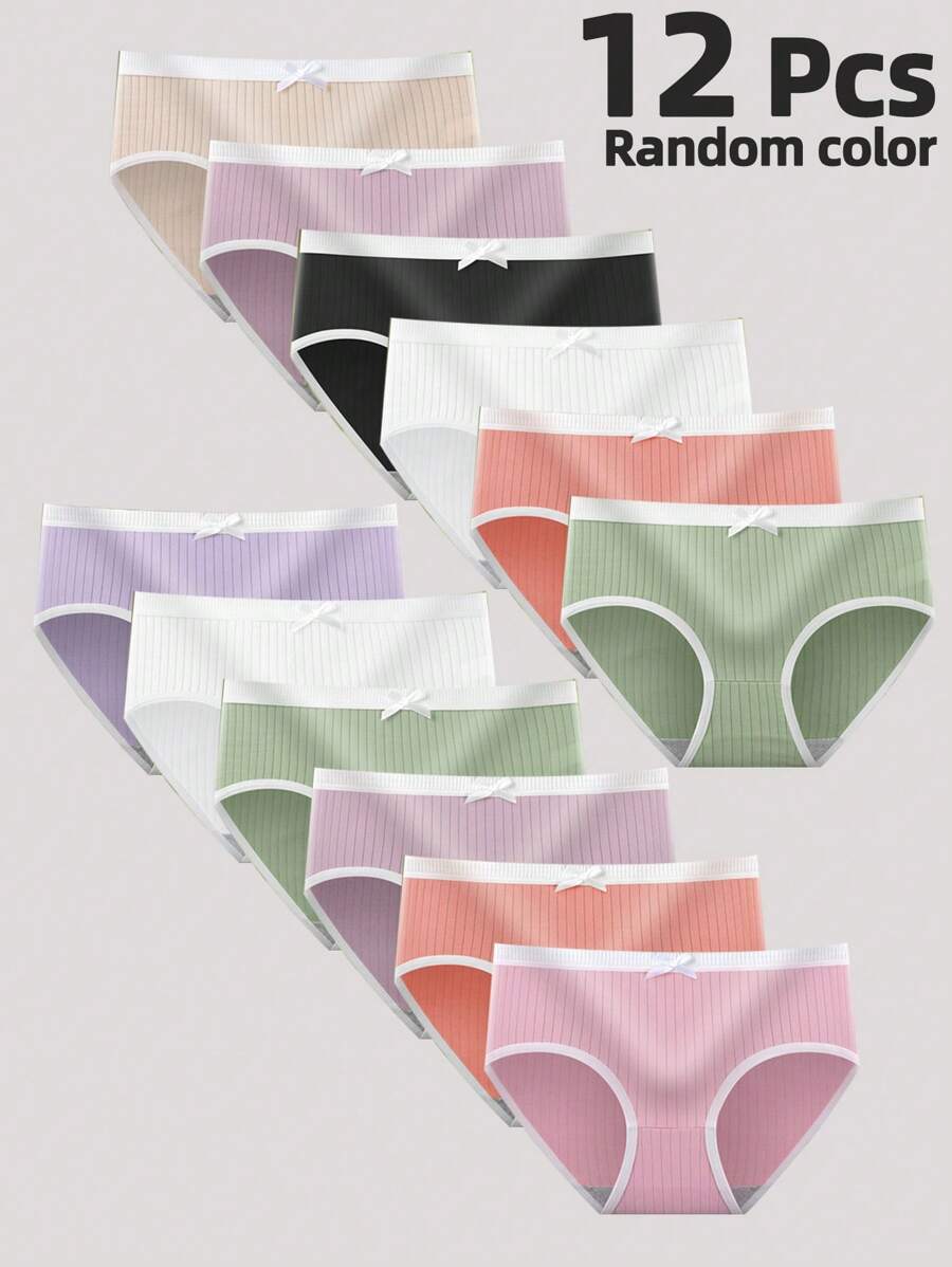 Set di 12 pezzi di mutandine minimaliste a maglia tinta unita con decorazione fiocco carino, in colori assortiti, per ragazze adolescenti