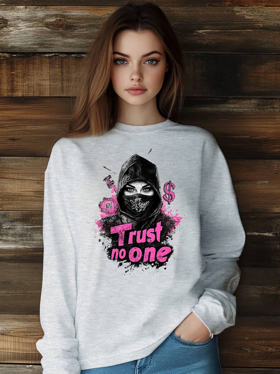Women Retro Style Hip Hop Skull Sunglasses Letter T-Shirt Fashion Print Long Sleeve Round-Neck Loose Fit Tops Streetwear - Grey - View 1