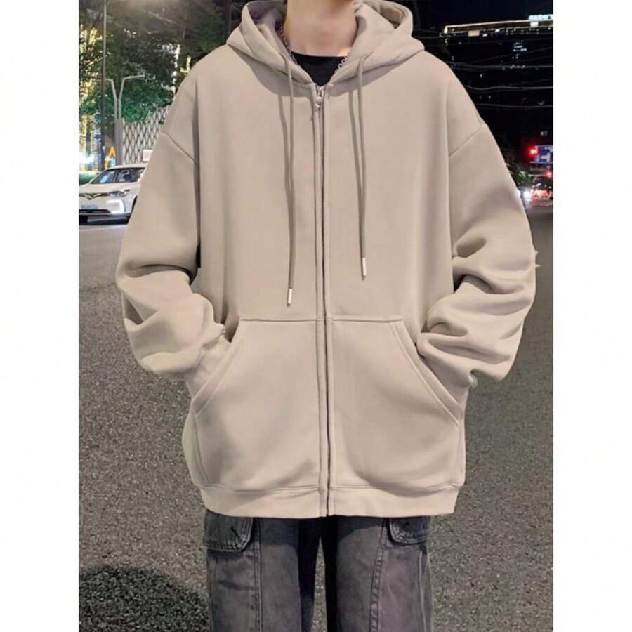 Sweatshirt Open Blouse With Zipper And Hood Cold Winter Plain Coat - Caqui - Ver 1