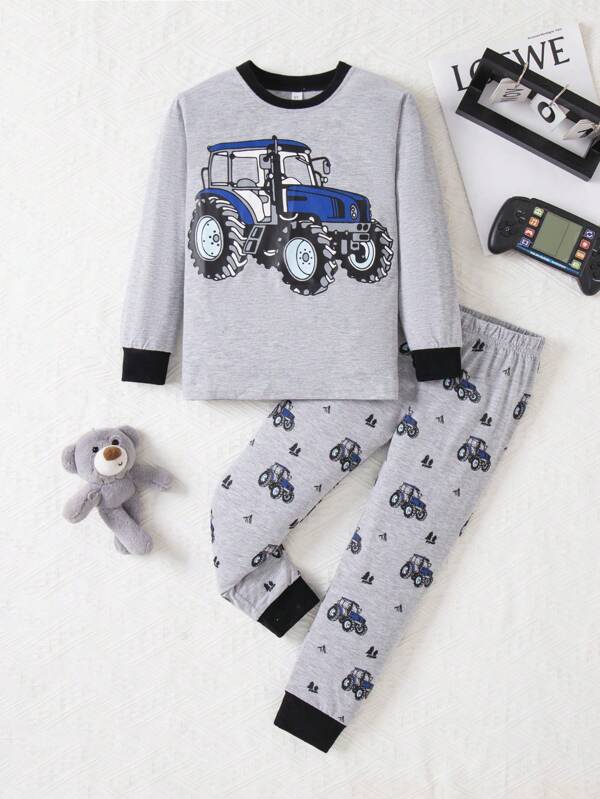 Young Boy 2024 New Grey Cartoon Electric Car Print Soft Long Sleeve Pajamas Set For Aged 2-7 Years, Autumn/Winter