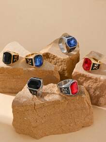 1pc Stainless Steel Inlaid Rectangular Cubic Zirconia Retro ‌Punk Style Special Number 24 Pattern Men's Rings Gift Jewelry - Multicolor - View 2