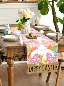 1pc Easter Polyester Table Runner, Happy Easter Table Runner, Cute Pink Checked Rabbit Bunny Easter Egg Pattern Table Cover, Easter Atmospheric Table Runner, Holiday Desktop Decoration, Spring Table Decoration, Easter Decor, Birthday Party Supplies