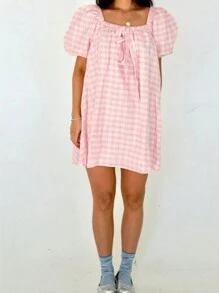 Women Summer Plaid Mini Dress Square Neck Puff Sleeve Bowknot Front Loose Casual Short Flowy Dress - 粉色 - 查看 6