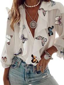 Women Button-Down Ruffle Shirt, Adults Solid Color/Letter/Butterfly/Plant Print V-Neck Long Sleeve Blouse - Crema - Ver 1