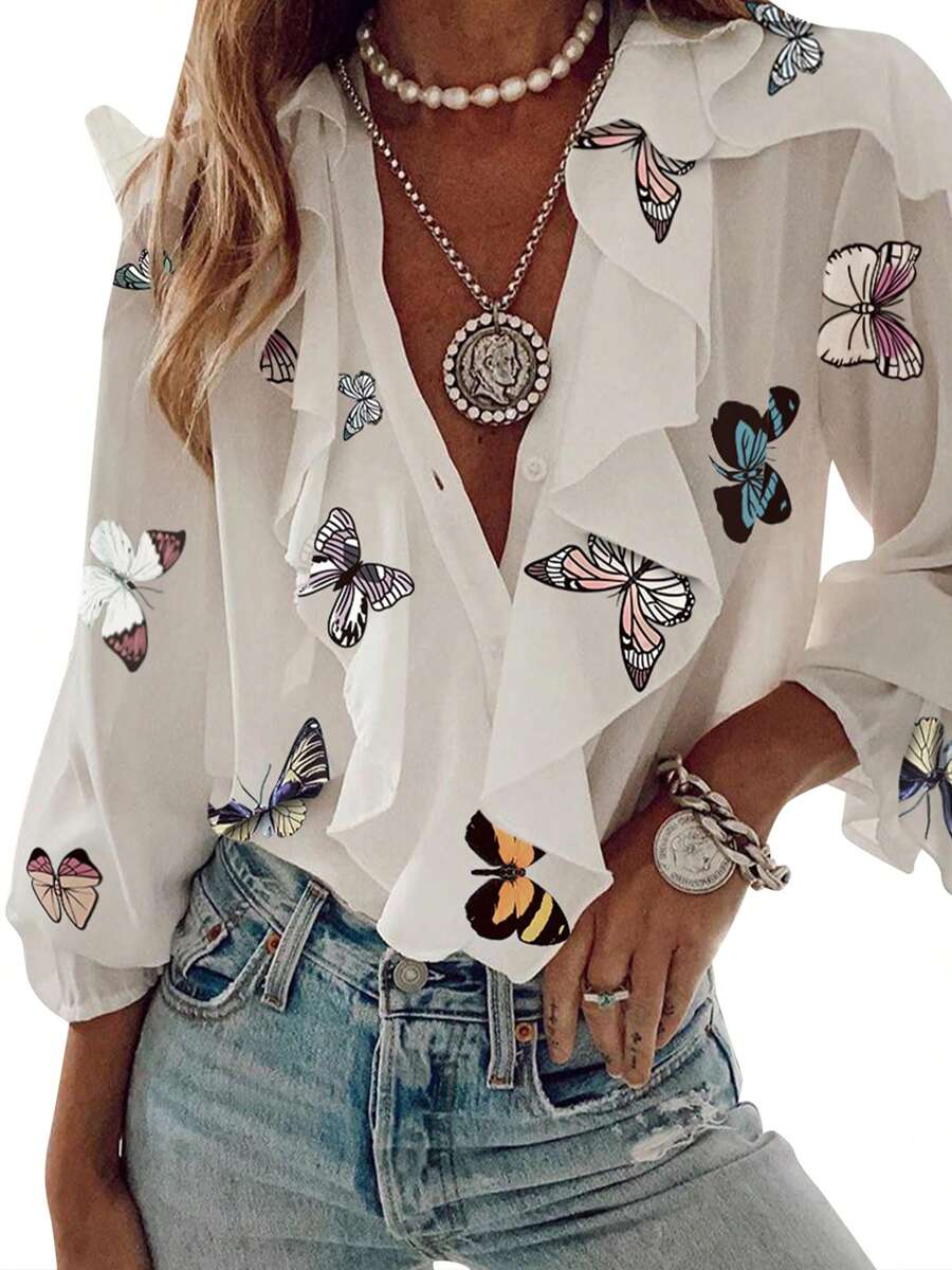 Women Button-Down Ruffle Shirt, Adults Solid Color/Letter/Butterfly/Plant Print V-Neck Long Sleeve Blouse - Crema - Ver 1