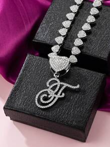 Collares con colgante inicial Cadena de Miami con colgante de letra para mujeres Joyería de estilo Hip Hop con cadena de letras con piedras engarzadas como regalo - Plateado - Ver 27
