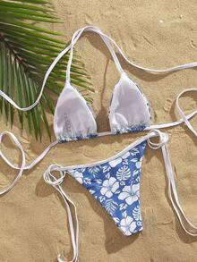 New Spring/Summer Blue & White Floral Drawstring Knot Triangle Cup Separate Halter Sexy Bikini - Blue and White - View 2