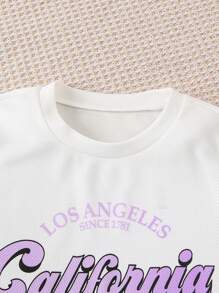 2pcs/Set Young Girl Outdoor Casual Everyday Comfortable Short Sleeve T-Shirt + Skirt Set, Spring/Summer English Letter Tee + Purple Plaid Skirt