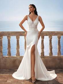 HEARBOBO 奢华高贵串珠刺绣深V领无袖蕾丝美人鱼晚会优雅新娘婚纱 - 白色 - 查看 4