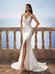 HEARBOBO 奢华高贵串珠刺绣深V领无袖蕾丝美人鱼晚会优雅新娘婚纱 - 白色 - 查看 7