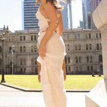 Women Summer Outfit Shirred Tie-Up Halter Neck Sleeveless Open Black Tank Tops Drawstring Long Skirt 2 Pcs Set - trắng - Xem 5