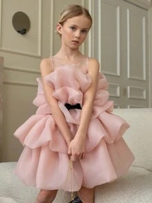 Young Girl Ruffle Bow Tulle Party Dress, Princess Cake Dress For Easter, Birthday, Wedding, Holiday Celebration, Flower Girl Occasion Outfit