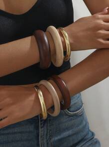 3pcs Vintage Geometric Wooden Resin Metal Bangle Bracelet Set, Suitable For Women Casual, Party Wear