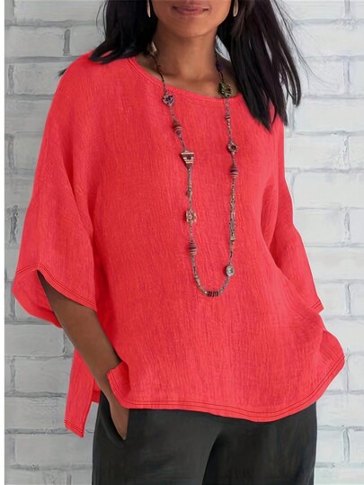 Bluzka damska w dużym rozmiarze, swobodna, z rękawem 3/4 i okrągłym dekoltem