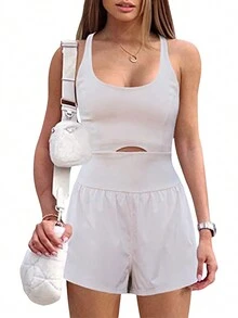 Women Solid Color Cami Playsuits Sleeveless Sports Short Jumpsuits Summer Cross Backless Romper Tracksuits - White - View 2