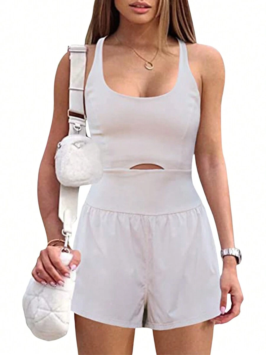Women Solid Color Cami Playsuits Sleeveless Sports Short Jumpsuits Summer Cross Backless Romper Tracksuits