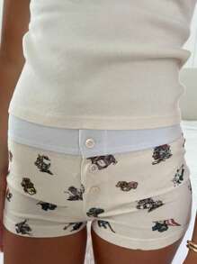 Women Y2k Sleep Shorts Cute Floral Bear Print Button Front Elastic Low Rise Sexy Micro Shorts Slim Fit Pajamas Boy Shorts PJs Bottoms Cute Lounge Shorts Boxers Sexy Sleepwear Beach Homewear Summer Clothes