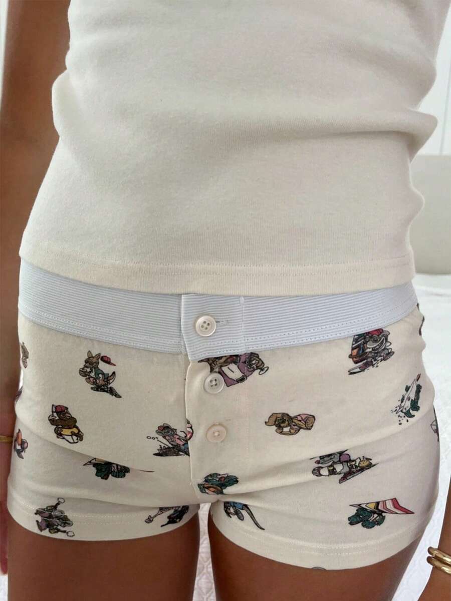 Women Y2k Sleep Shorts Cute Floral Bear Print Button Front Elastic Low Rise Sexy Micro Shorts Slim Fit Pajamas Boy Shorts PJs Bottoms Cute Lounge Shorts Boxers Sexy Sleepwear Beach Homewear Summer Clothes