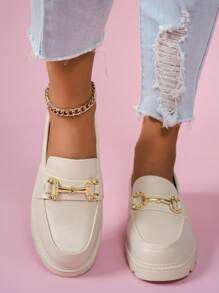 Women's Buckle Design Flat Loafers, Fashionable Black Color (Texture On Shoe Surface Is Normal Phenomenon)