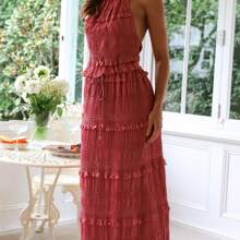 Women Summer Outfit Shirred Tie-Up Halter Neck Sleeveless Open Black Tank Tops Drawstring Long Skirt 2 Pcs Set - 紅色 - 查看 2