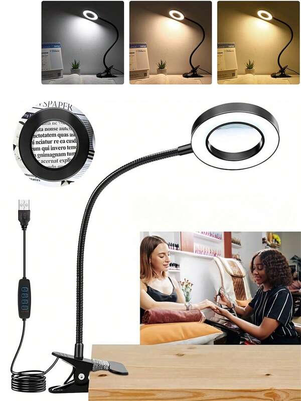 Luminária De Mesa Led Com Lupa, Luminária De Grampo Para Leitura E Trabalho Noturno 3 Cores De Luz Ajustáveis E Brilho Regulável Para Casa E Escritório, Lâmpada De Leitura Usb De 5v Com Luz De Anel Flexível Para Cabeceira, Reunião De Zoom Webcam No Computador