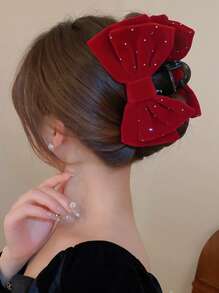 topshiny 1pc Women's Solid Color Velvet Rhinestone Extra Large Double Layer Bow Hair Claw Clip, Suitable For Party, Ball, Event, And Daily Wear, Autumn/Winter Hair Clips Hair Jaw Clip Hair Clamps Hair Clutch Hair Catcher Clip, Autumn, Bow Accessories, School Stuff, College