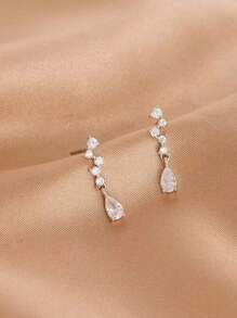 1 Cặp Hoa tai hợp kim đồng hình giọt nước dài Zirconia, Hoa tai hình giọt nước trang trí CZ tối giản và thanh lịch dành cho phụ nữ - Bạc - Xem 5