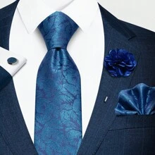 AlanKing 4 件套男士时尚提花佩斯利花纹花卉领带口袋巾和袖扣别针套装适合婚礼派对男士领带 - 混色 - 查看 16