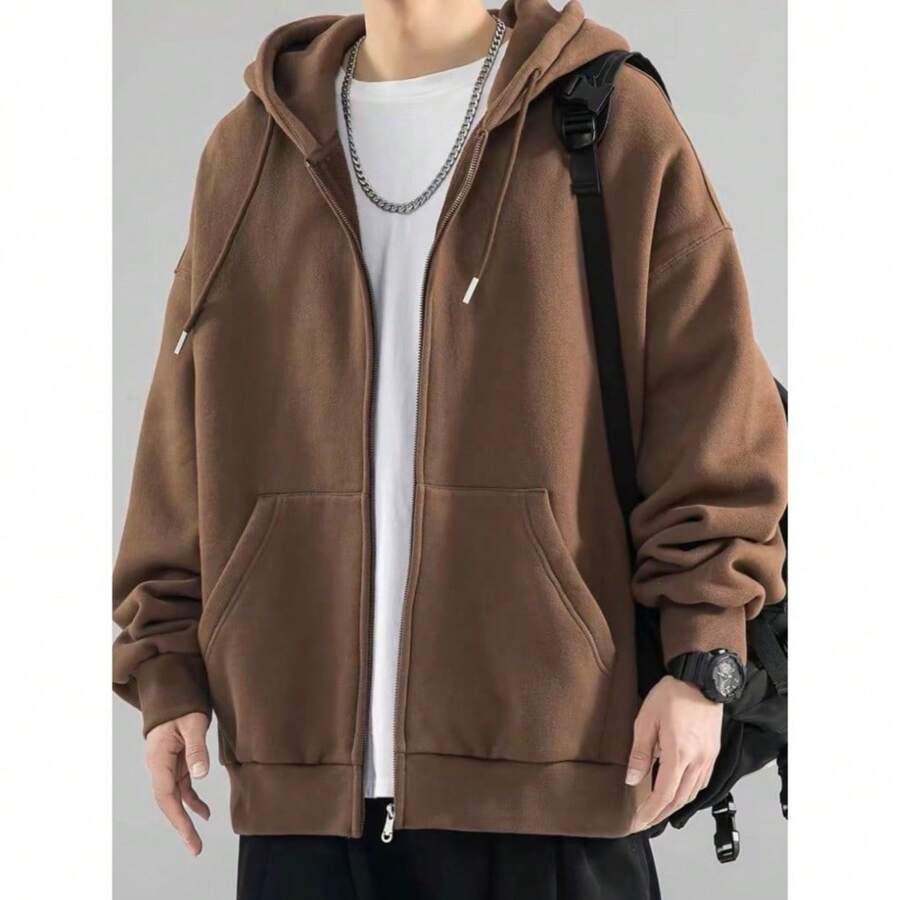 Sweatshirt Open Blouse With Zipper And Hood Cold Winter Plain Coat - Marrón - Ver 1