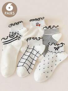 6 Pairs Women Autumn/Winter New Lace Trim Short Socks, Princess Style Low-Cut Socks, Stripes, Cherry, Solid Colors, Ruffle Edge Short Socks