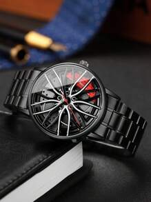 1 Set Men Creative Steel Band Wheel Rim Dial Quartz Wrist Watch + Bracelet (2pcs/Set), Watch Case Not Included