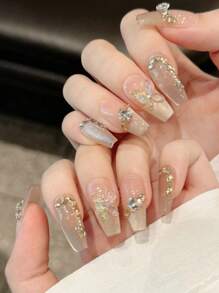 10pcs Dry Leaf Butterfly Style Handmade Press-On Nails, Champagne French Cat Eye Luxury Elegant Butterfly Nail Art Design, Sweet Coffin Shaped Hand Painted Nail Stickers, Reusable For Daily Wear, Suitable For Dates