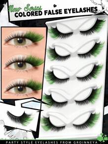 5 pares de pestañas de colores, pestañas verdes esponjosas y naturales, pestañas postizas de tira 5D volumen, paquete de pestañas postizas de colores arcoíris para cosplay - verde - Ver 1