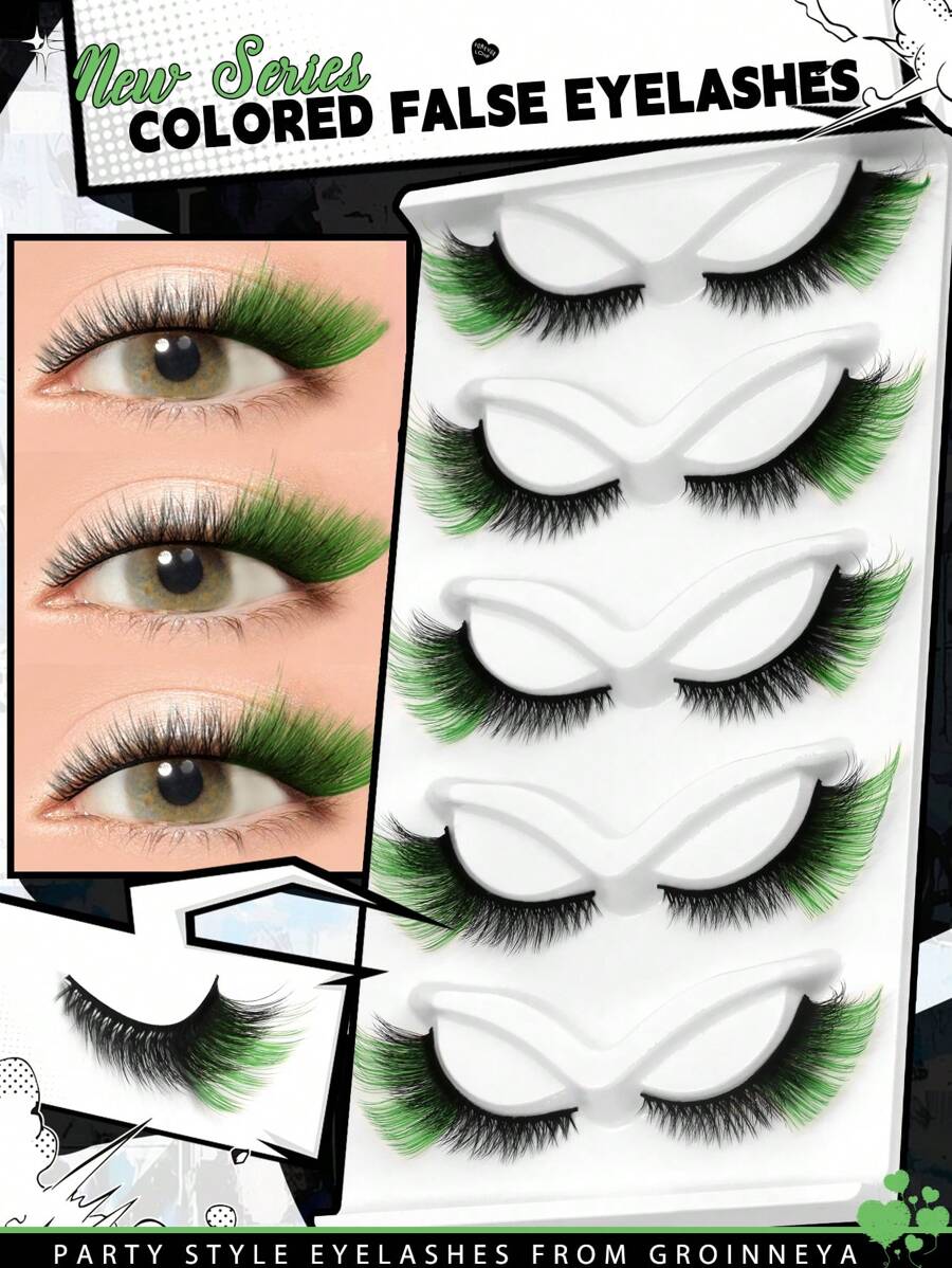 5 pares de pestañas de colores, pestañas verdes esponjosas y naturales, pestañas postizas de tira 5D volumen, paquete de pestañas postizas de colores arcoíris para cosplay - verde - Ver 1
