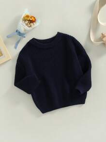 Suéteres de cuello redondo para bebés pequeños, jerseys de punto sueltos de color sólido de manga larga - Azul Marino - Ver 3