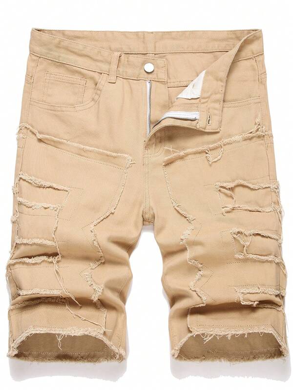 Men's Fashionable Solid Color Fitted Tassel Denim Shorts Jorts