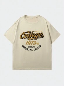 Shwiy Men's Casual Vintage Brooklyn Graphic Short Sleeve T-Shirt, Minimalist Athletic Print, Apricot Color, Suitable For Daily Wear And Gift