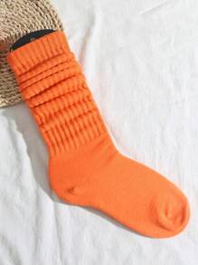 1 双女士橙色韩式绒袜，百搭春夏洛丽塔简约学院风纯色及膝袜（无袜板），秋季
