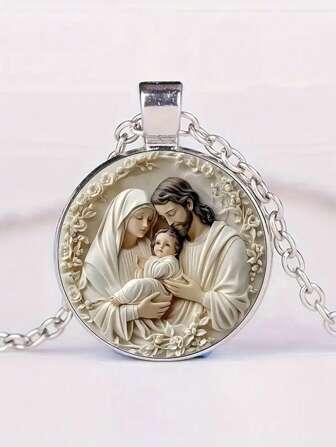 suteyi Holy And Elegant, French Style Madonna And Jesus Pendant Necklace With Time Gemstone Glass Alloy, Suitable For Daily Dressing Or Gift Giving