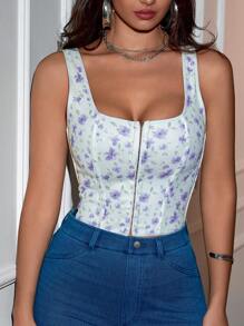 Floral Print Square Neck Overbust Boned Grommet Eyelet Front Lace Up Back Shapewear Corset Crop Tank Cami Top - trắng - Xem 5