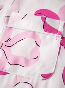 Conjunto de verano para mujer, con mangas 3/4, solapa, botones, camisa con estampado de lazo/corazón, pantalones cortos, ropa de dormir - Rosa - Ver 4