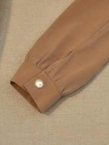 Elegant Long Sleeve Blouse With Ruffle Stand Collar And Button Details For Women - Khaki - View 5