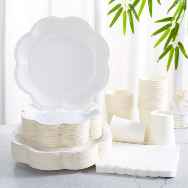 White Octagonal Petal Paper Plates And Napkins, White Disposable Plates And Napkins For Party Supplies, Suitable For 24 Guests, Disposable Paper Plates And Tableware For Birthday, Wedding, Party And Picnic