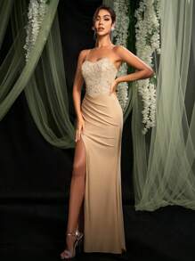 AOSHABABI Elegant Luxurious Apricot Halter Backless Formal Evening Gown (Heavily Embellished) [Exclusive Custom Beaded Fabric, Pleated Hem High Slit Fitted Design] Suitable For All Formal Occasions, Music Festivals, Galas, Weddings, Holiday Parties, Graduations, Cocktail Parties, Dates, Vacations, And Bridesmaid Dresses,Party Dress,Wedding Guest - Apricot - View 9