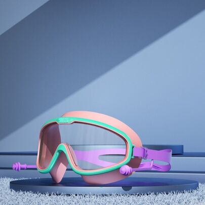 1個兒童大框游泳眼鏡,防水,防霧,夏季適用於游泳池,水上玩樂,海灘,衝浪,潛水,配置矽膠眼杯