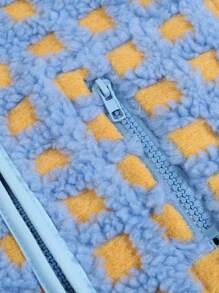 Womens Fuzzy Checkered Vest Sleeveless Stand Collar Zip Up Vest Jacket Winter Warm Outwear Cozy Fleece Fashion - 藍色 - 查看 6