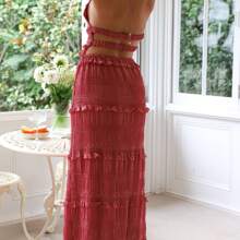 Women Summer Outfit Shirred Tie-Up Halter Neck Sleeveless Open Black Tank Tops Drawstring Long Skirt 2 Pcs Set - 紅色 - 查看 6